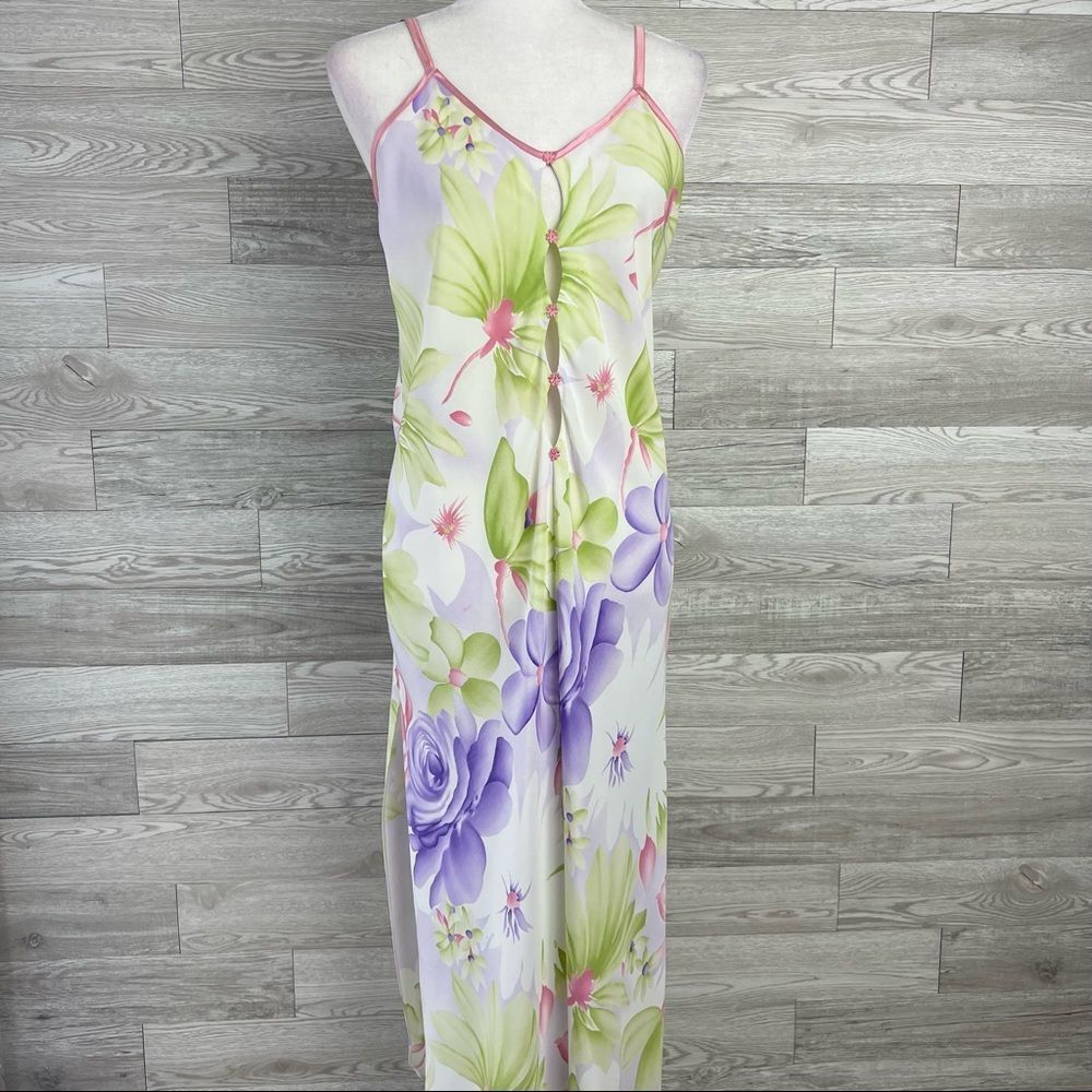 Vanity Floral Bloom White Pink Trim Long Lingerie Dress With High Slits size 32